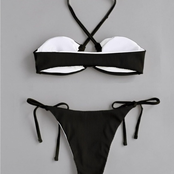 Women’s 2 Piece Black Ribbed Swimsuit Halter Bikini Set - Picture 2 of 5